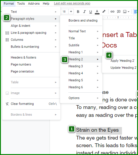 Make a Table of Contents in Google Docs - Insert Headings steps