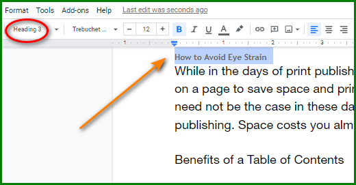 Make a Table of Contents in Google Docs - Insert Headings for subtitles 2
