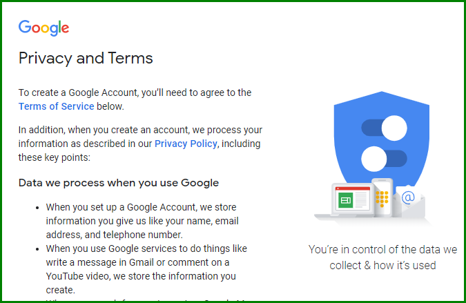 Create a New Gmail Account - Agreeing to Privacy and Terms